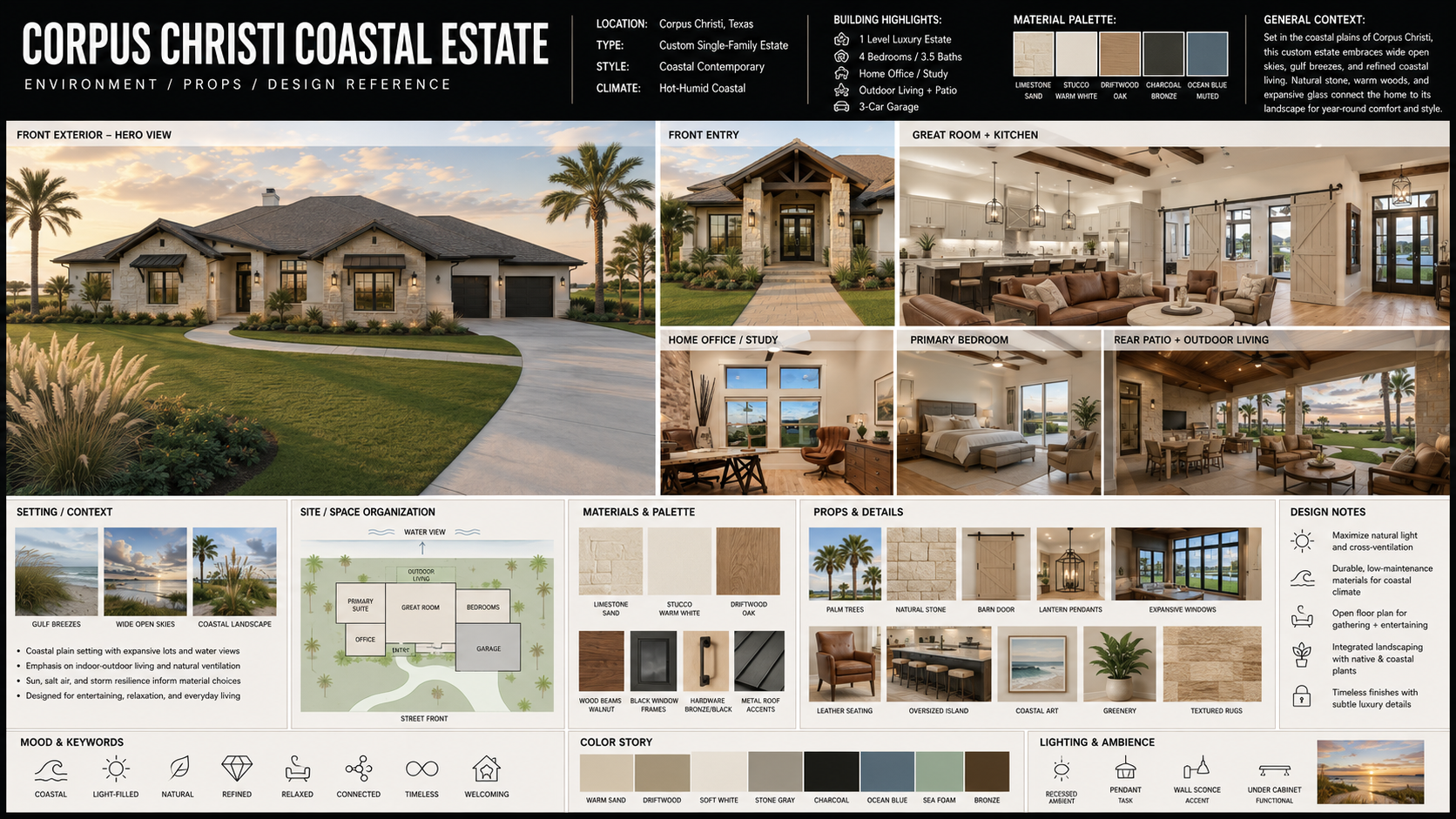 Environment and design reference sheet, Part 1, exterior hero and materials